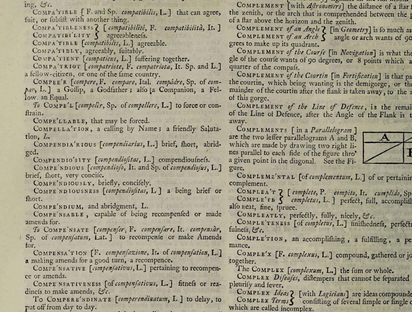 A page of word entries, with their Latin and French sources, from an eighteenth-century English dictionary.